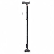 Black adjustable walking cane on a white background
