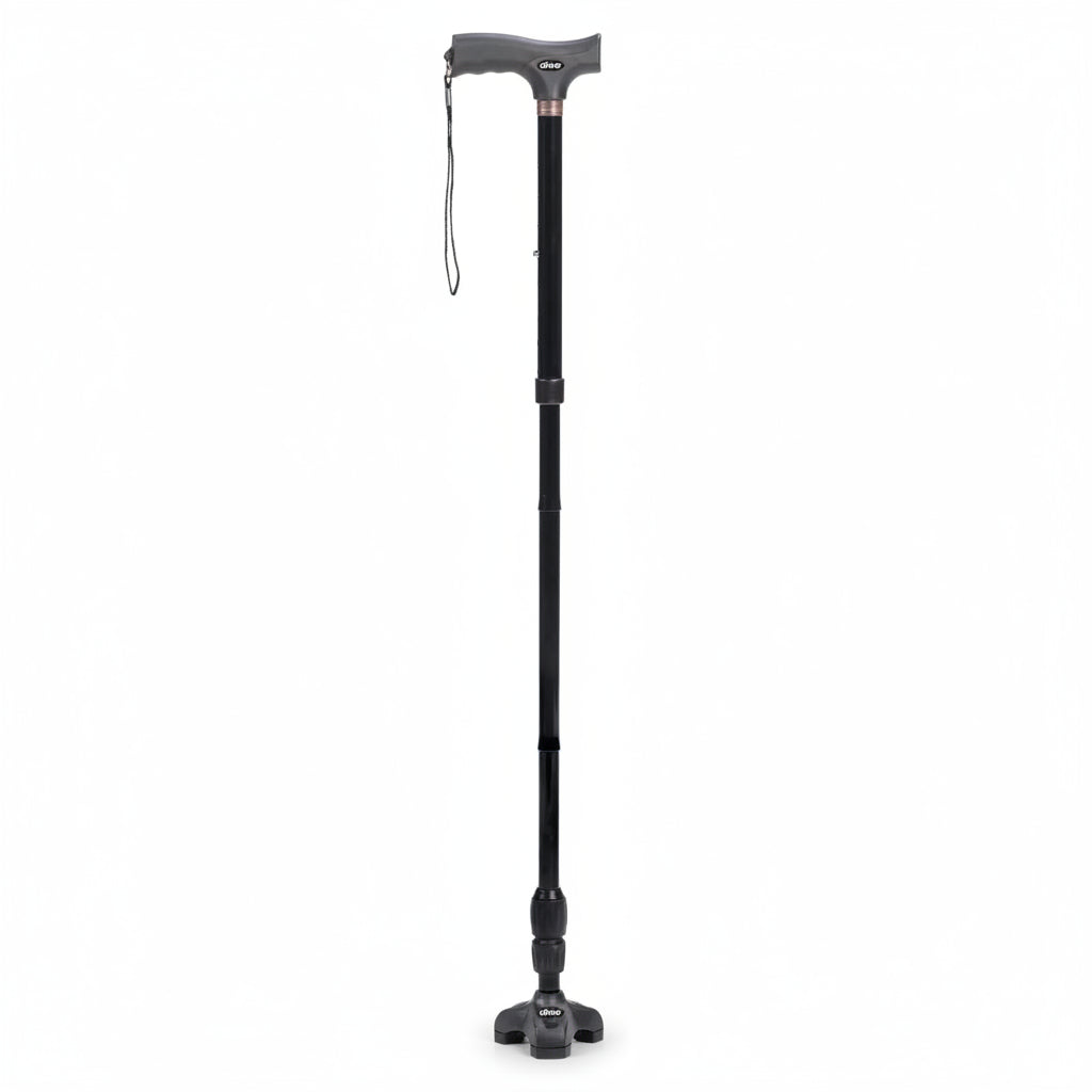 Black adjustable walking cane on a white background