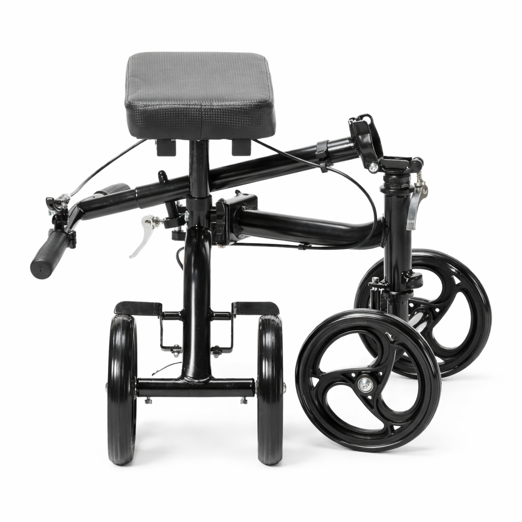 Black knee walker with gray cushion on a white background