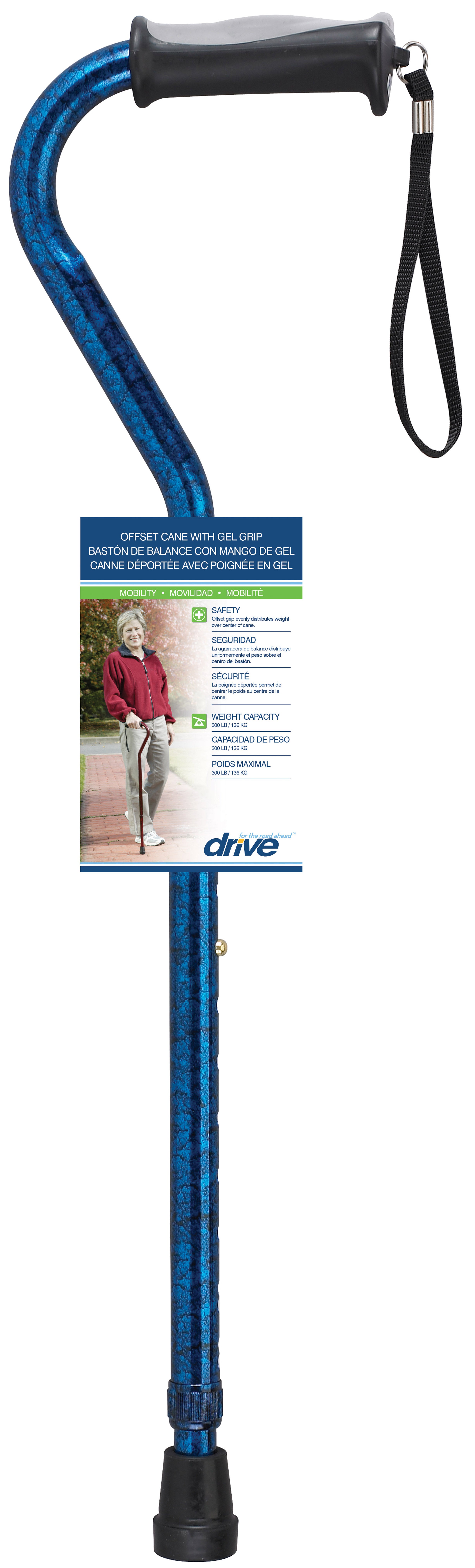 Blue walking cane with black handle and footrest on a white background