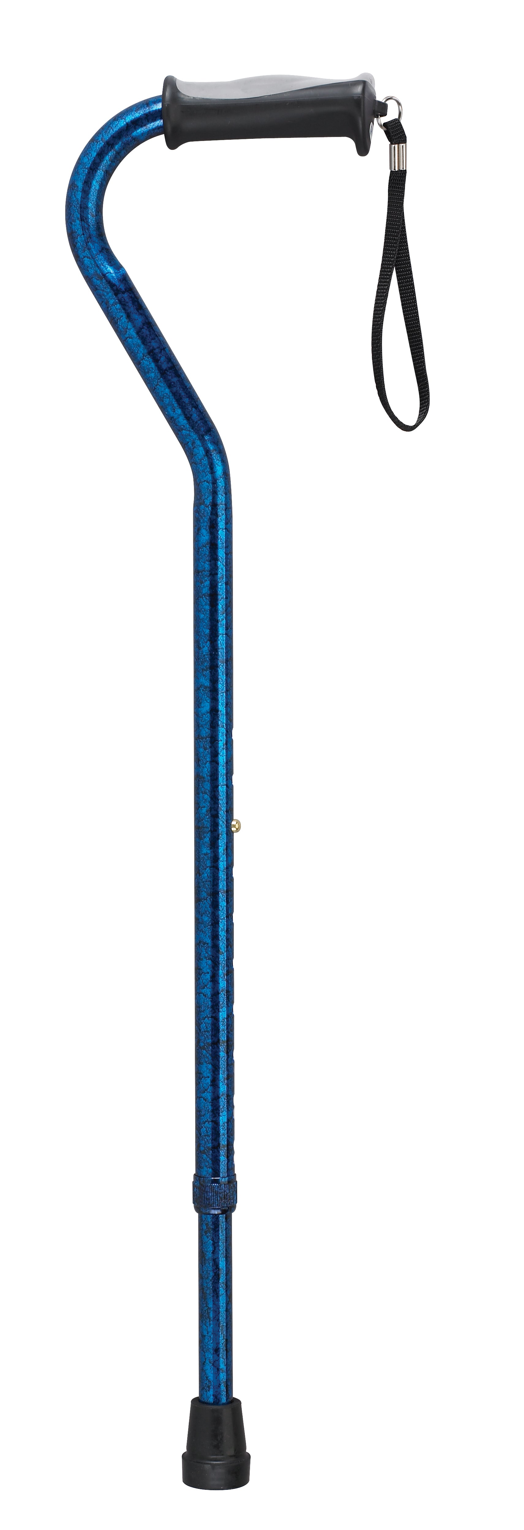 Blue walking cane with black handle and feet on a white background