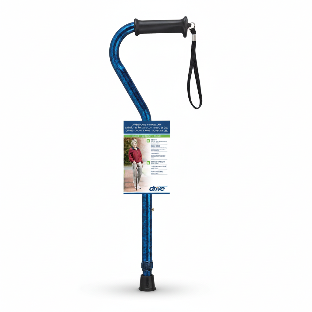 Blue walking cane with black handle and strap on a white background