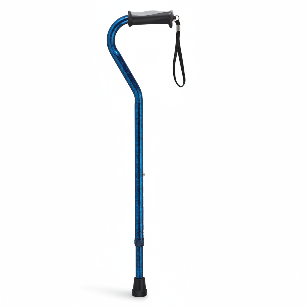 Blue walking cane with black handle and foot grips on a white background