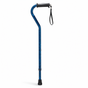 Blue walking cane with black handle and foot grips on a white background