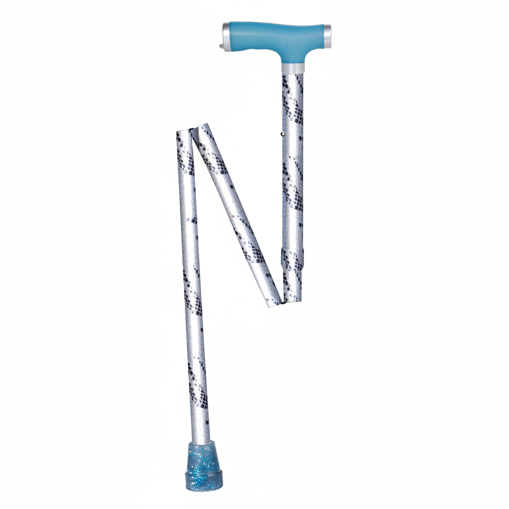 Pair of folding crutches with blue hand grips on a white background