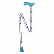 Pair of folding crutches with blue hand grips on a white background