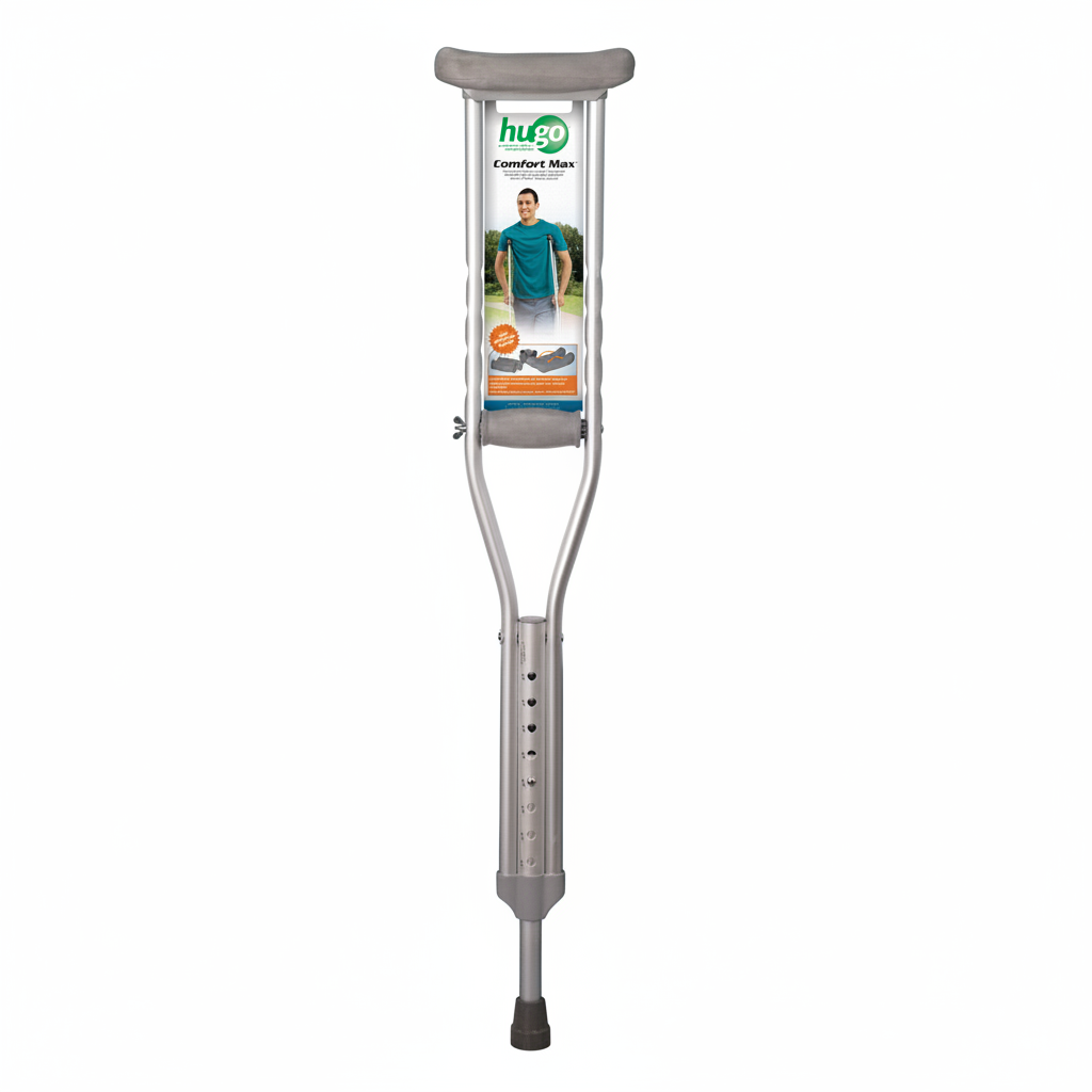 Crutch with packaging labeled 'hugo' on a white background