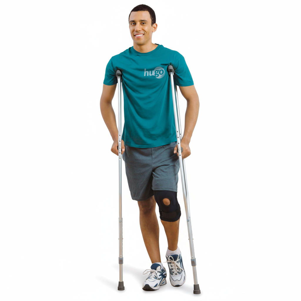 Man using crutches with a knee brace on a white background