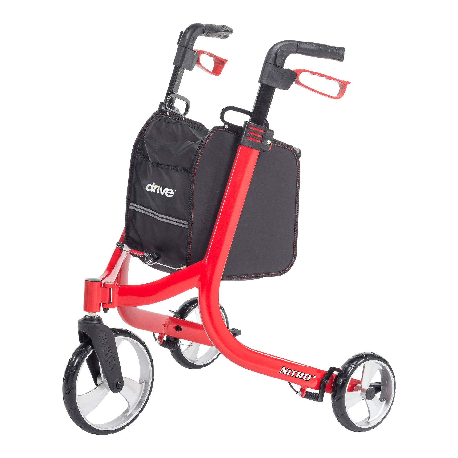 Red rollator with black bag on a white background