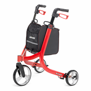 Red and black rollator with a black bag on a white background