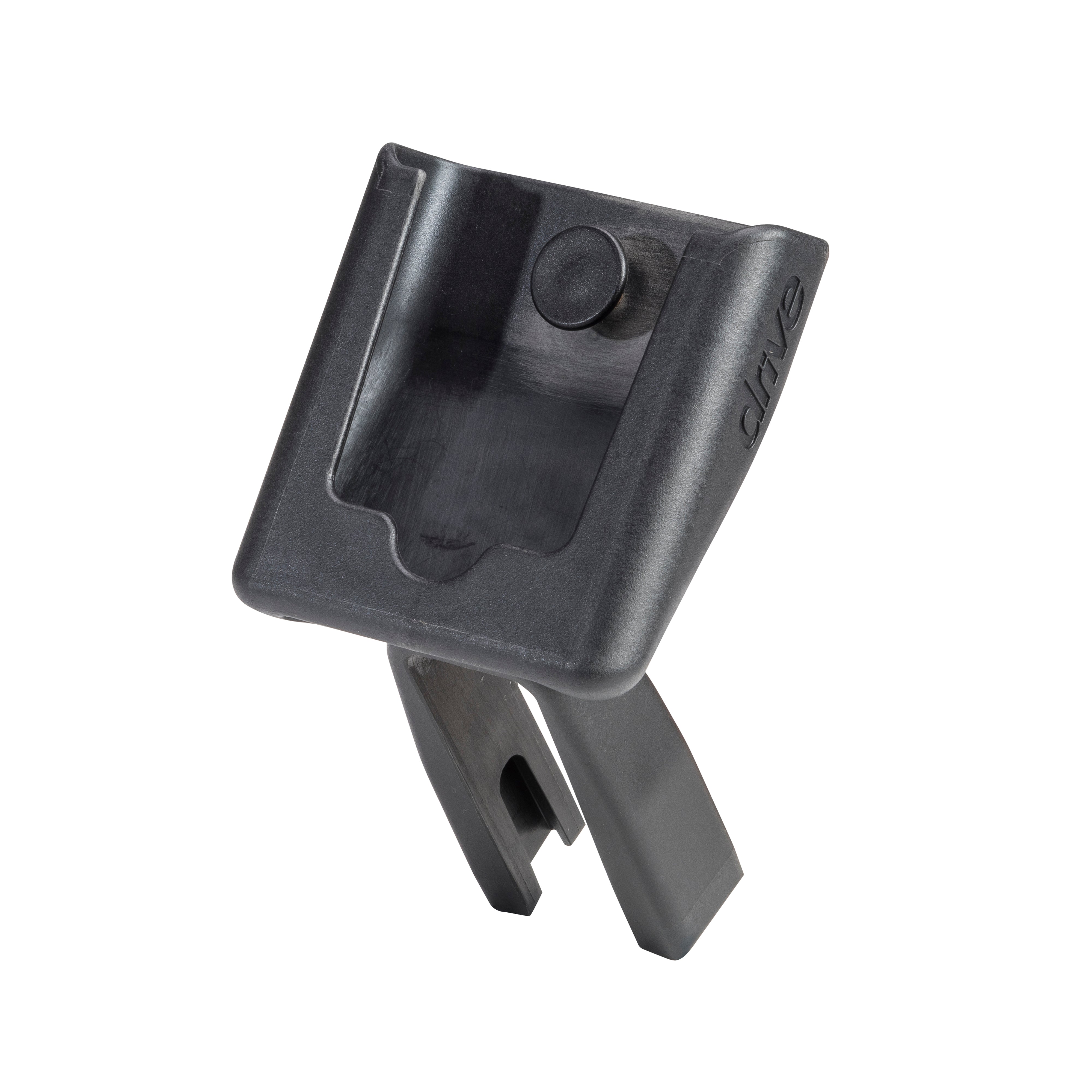 Black plastic walker cell phone clip on a white background