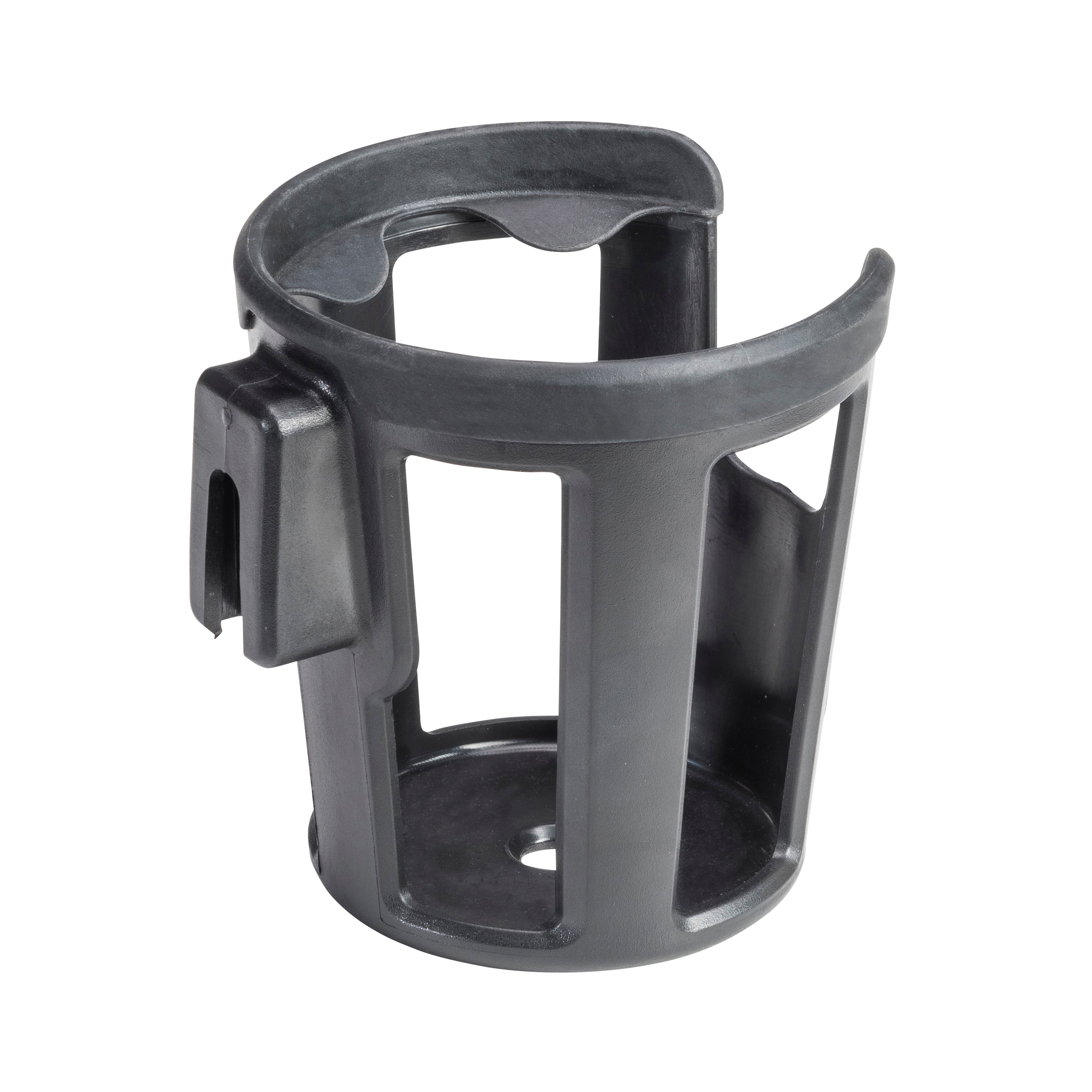 Black plastic cup holder on a white background