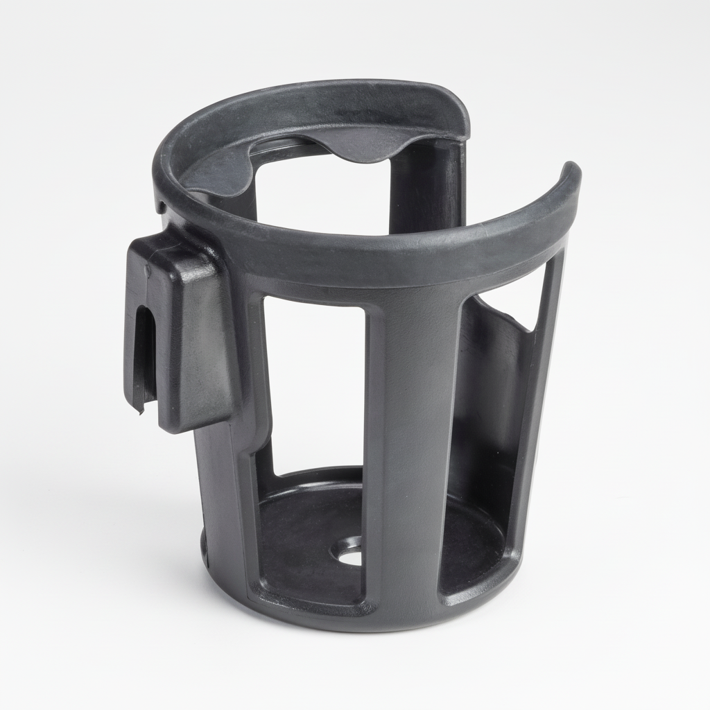 Black plastic cup holder on a white background
