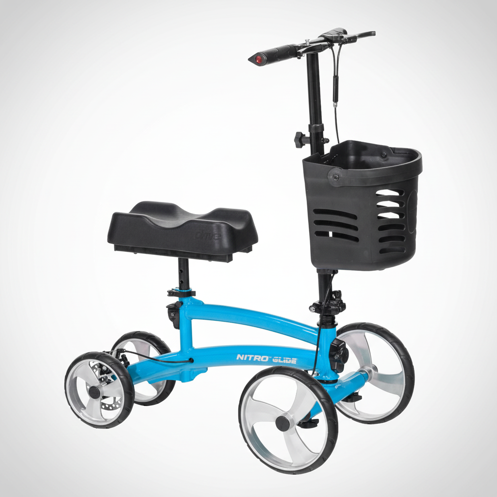 Blue knee scooter with a basket on a white background