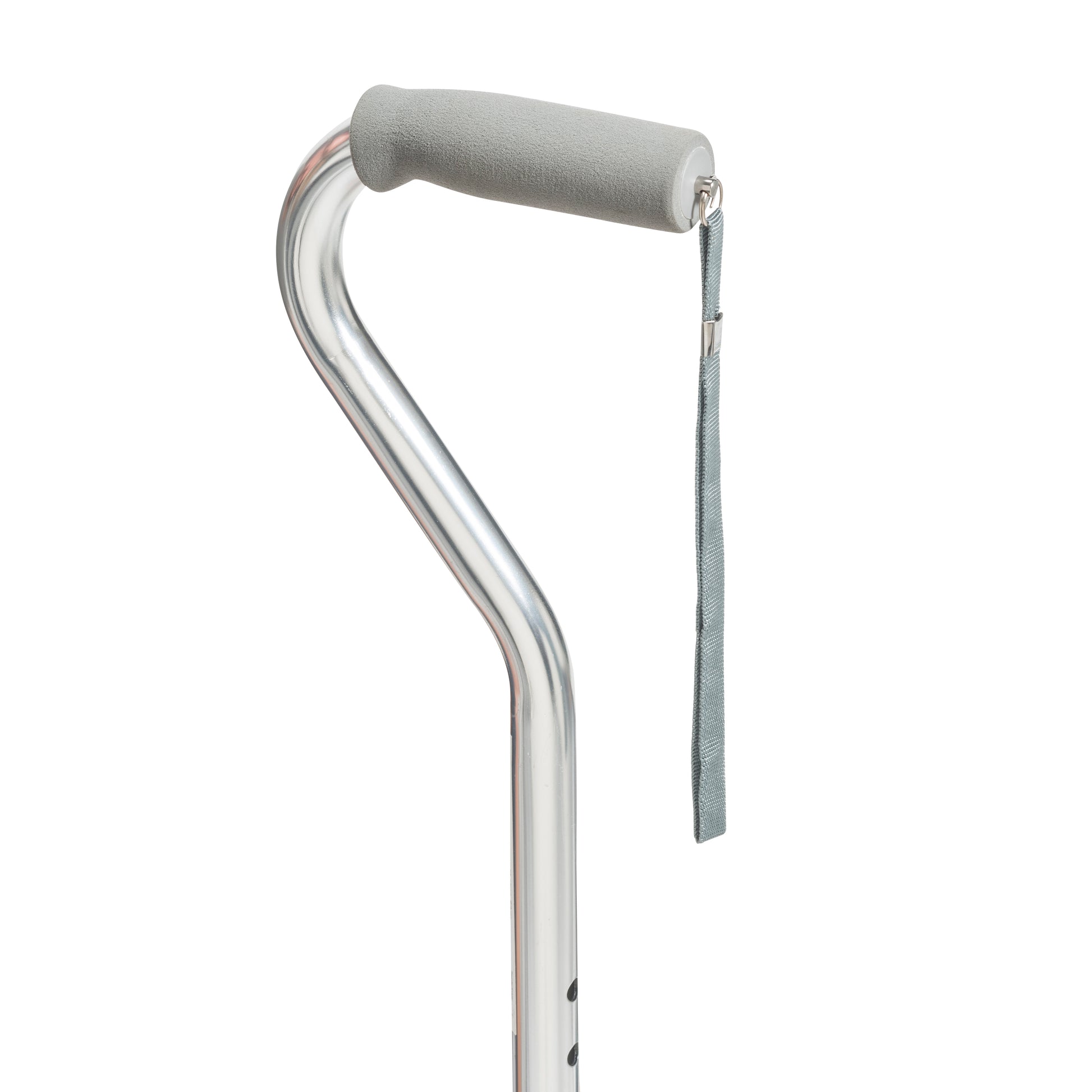 Aluminum walking cane with a gray handle on a white background