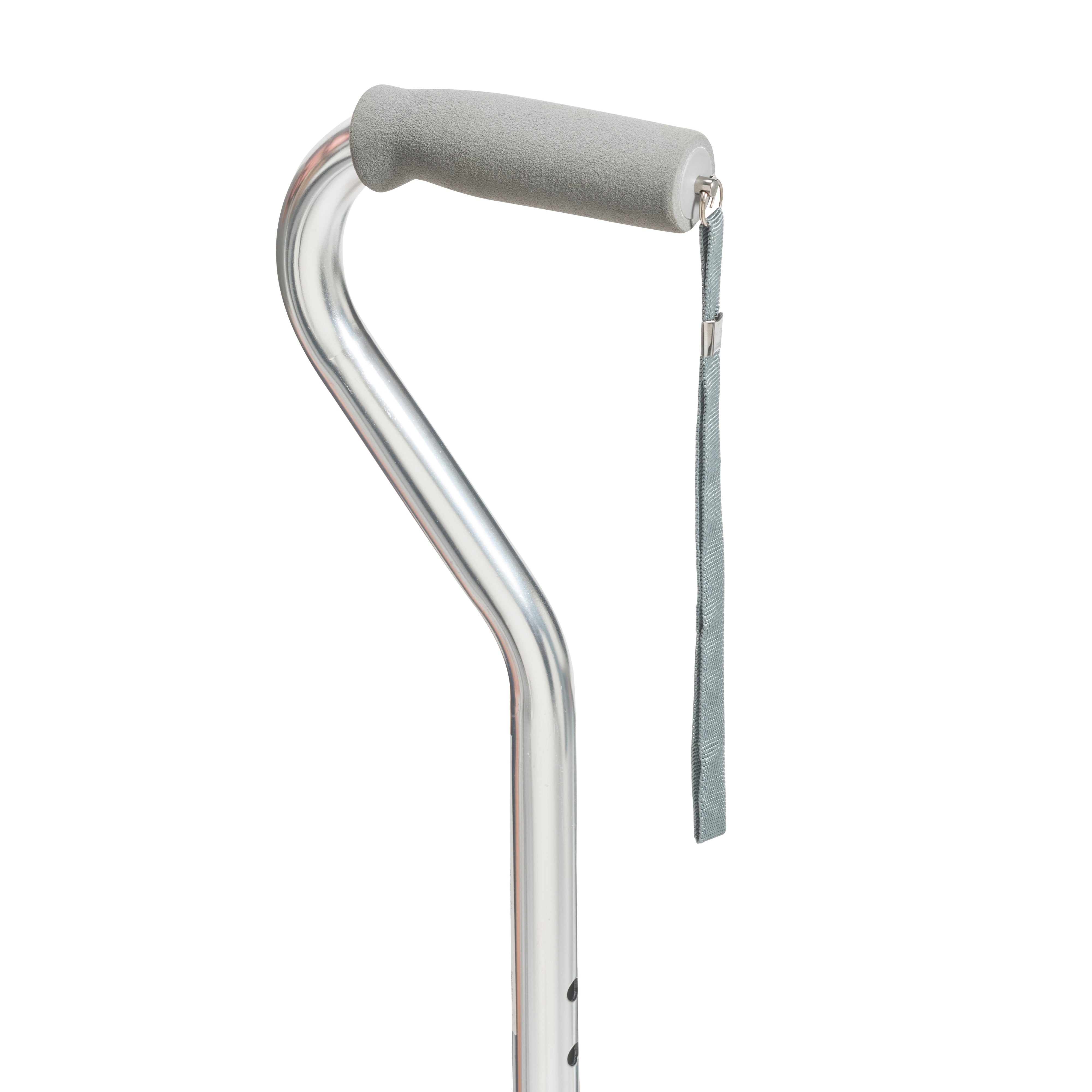 Aluminum walking cane with a gray handle on a white background