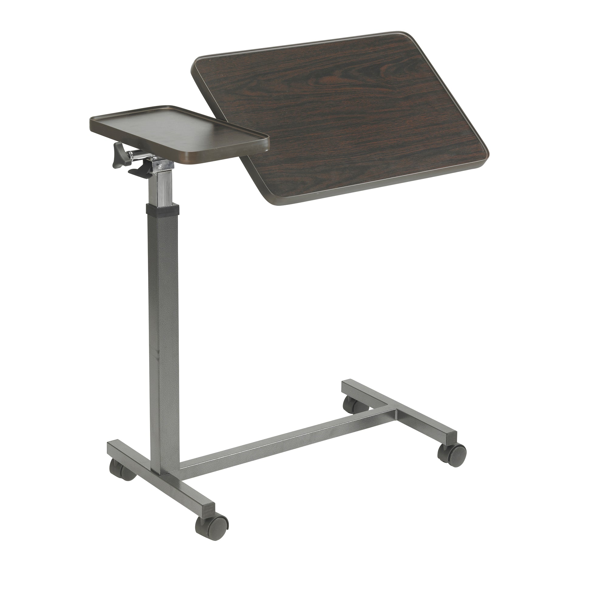 Adjustable height table desk with wheels on a white background
