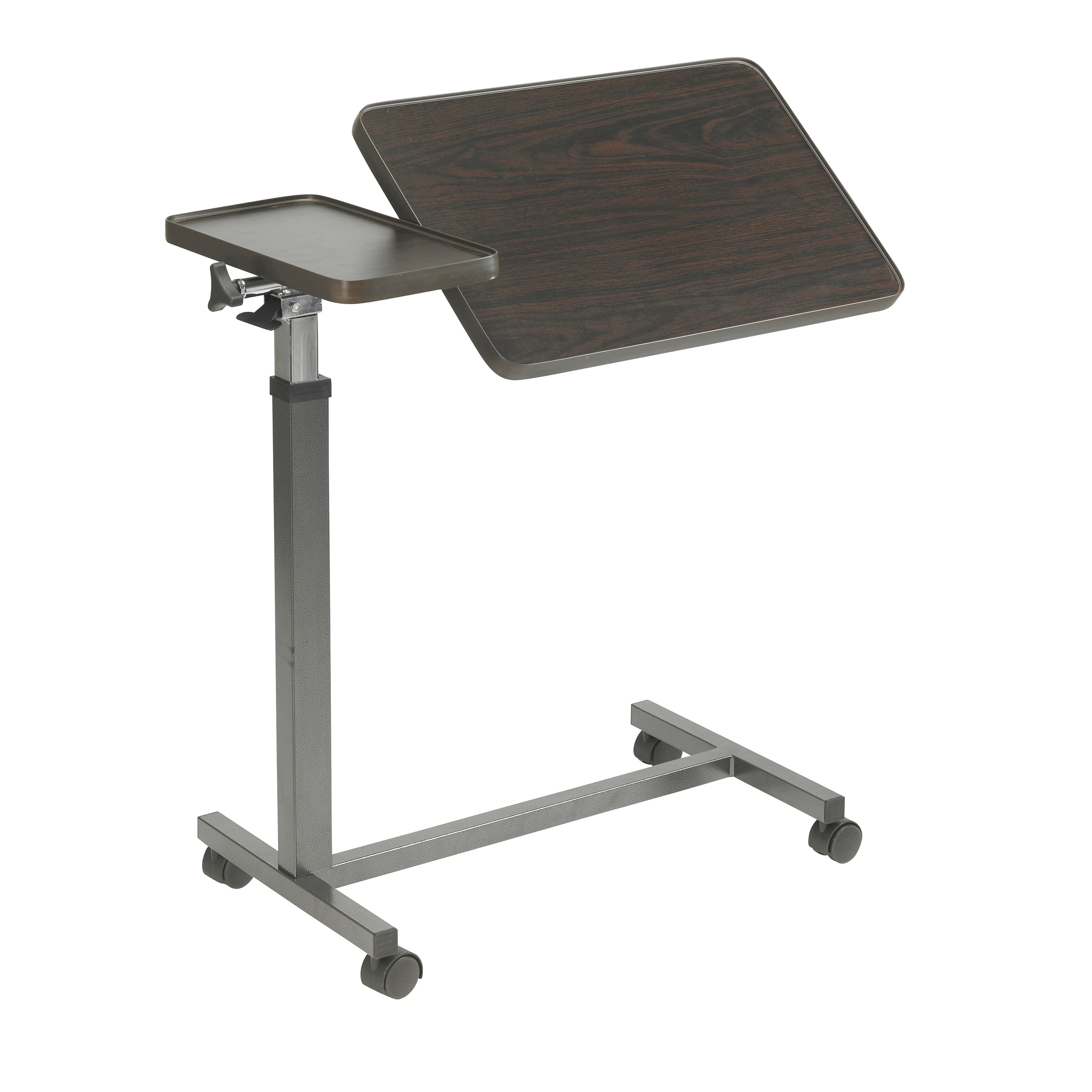 Adjustable height table desk with wheels on a white background