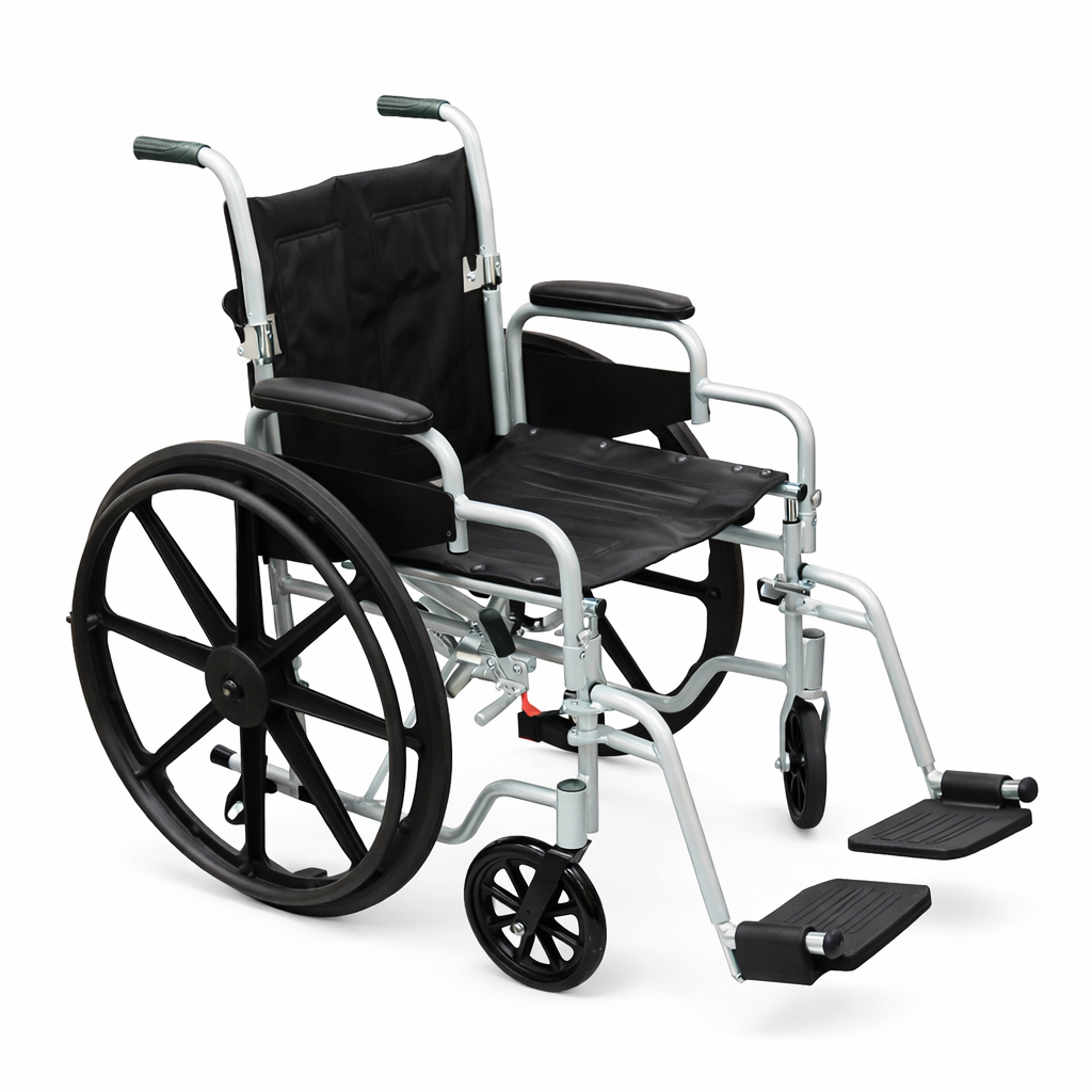Wheelchair with black seat and wheels on a white background