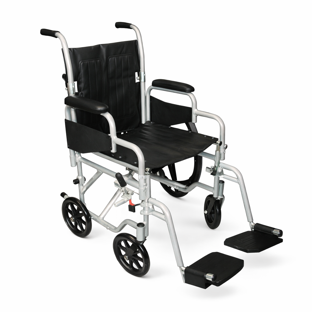 Black and silver transport wheelchair on a white background