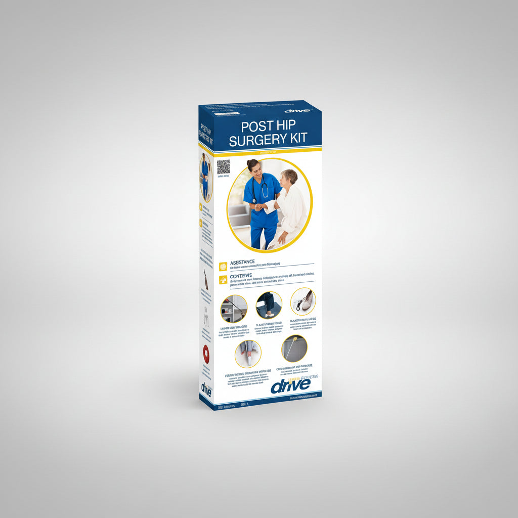 Box of a post hip surgery kit with medical imagery and text.