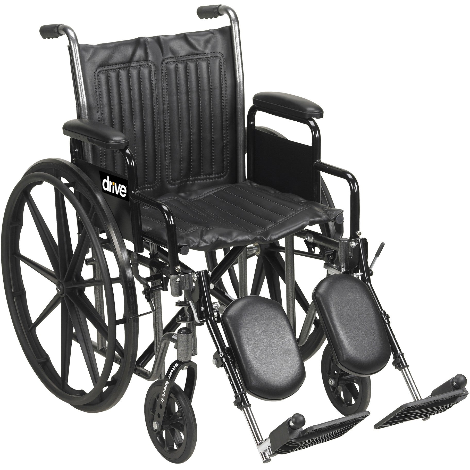 Black wheelchair with armrests and footrests on a white background