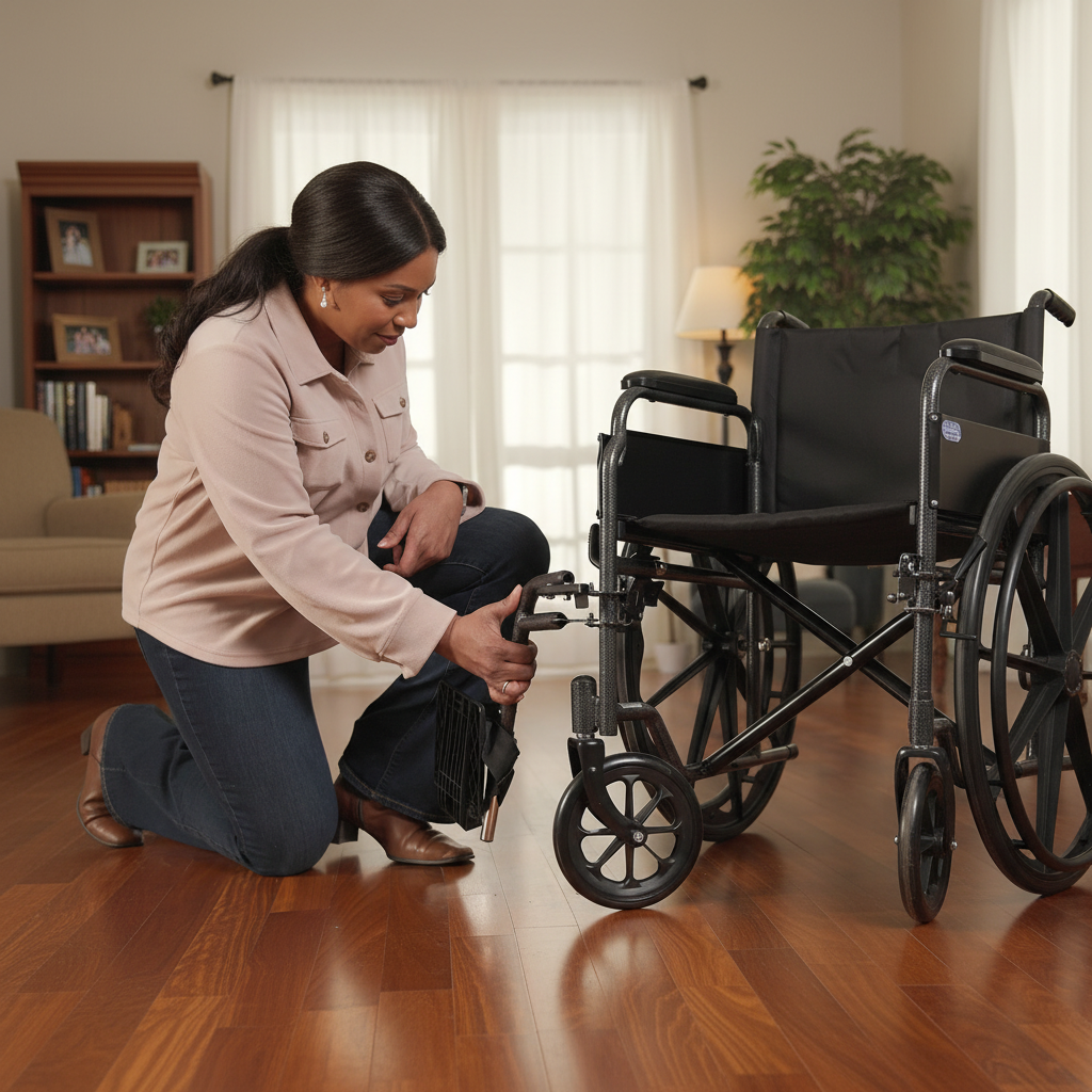 Woman kneeling on a wooden floor next to a wheelchair in a home setting.