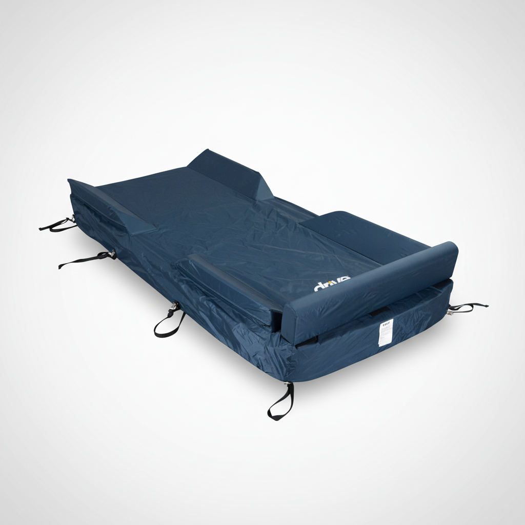 Blue mattress rolling protector with straps on a white background