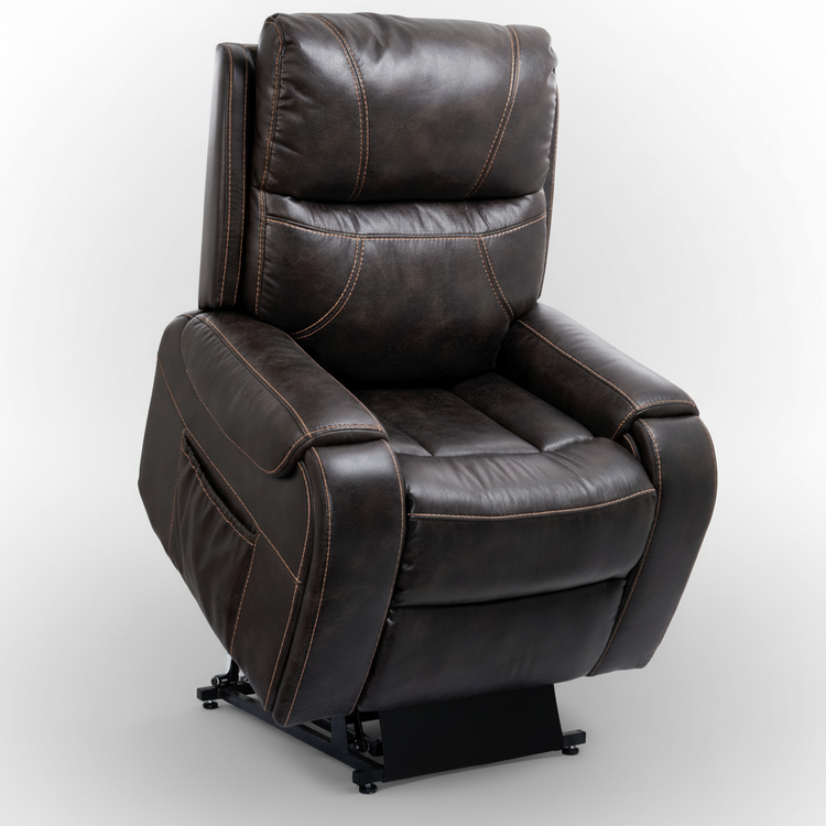 Brown leather recliner chair on a dark gray background
