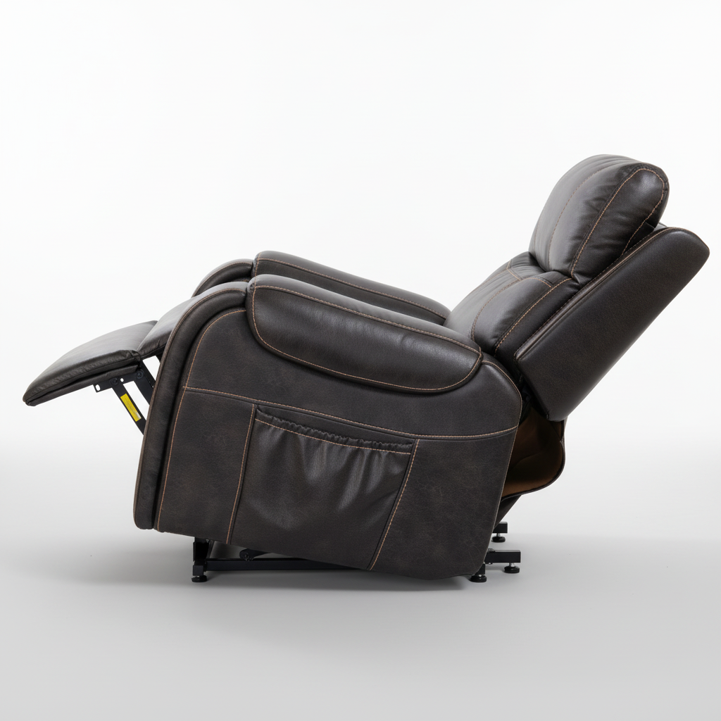 Gray recliner chair on a dark background