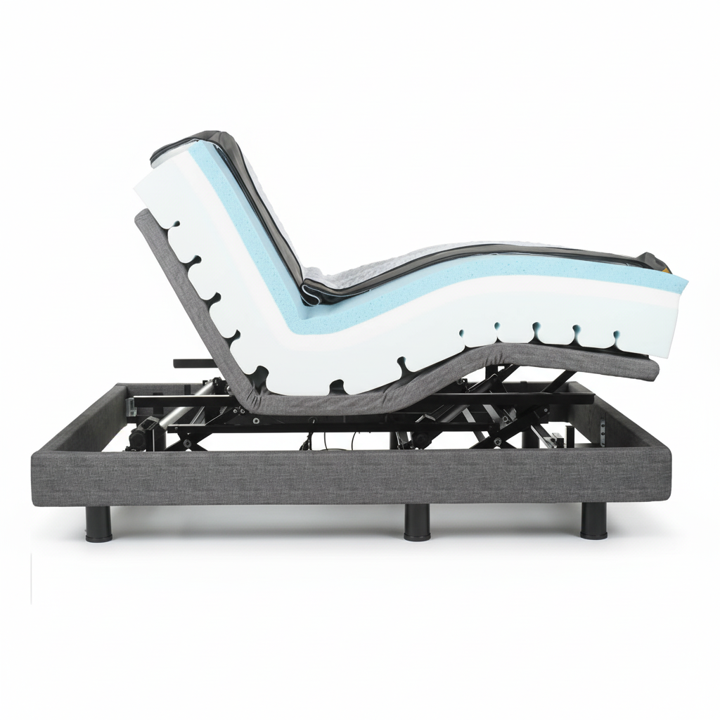 Adjustable bed base with headboard on a white background