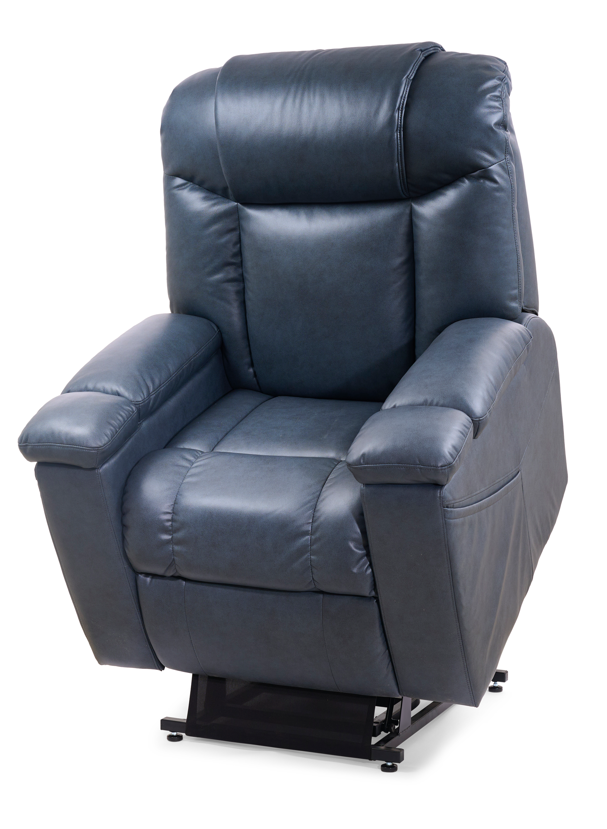 Blue leather recliner chair on a white background