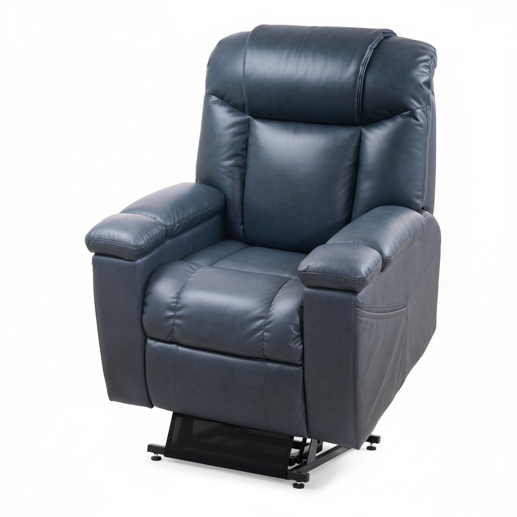 Blue leather recliner chair on a white background