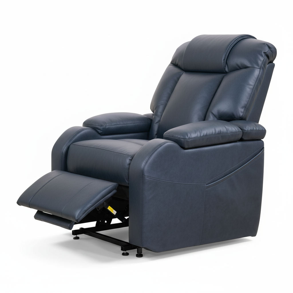 Blue leather recliner chair on a white background