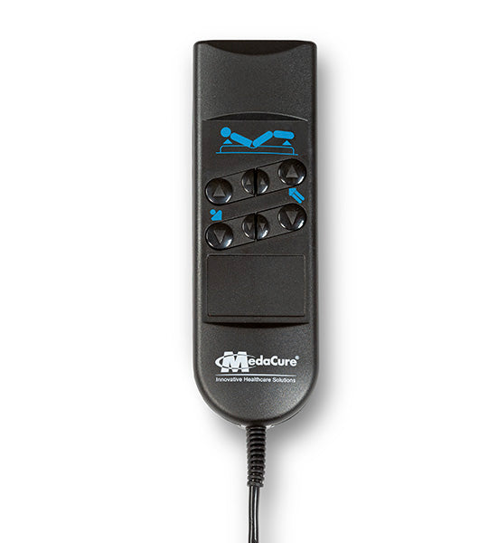 Black medical device with control panel on a white background, featuring the MedaCure logo.