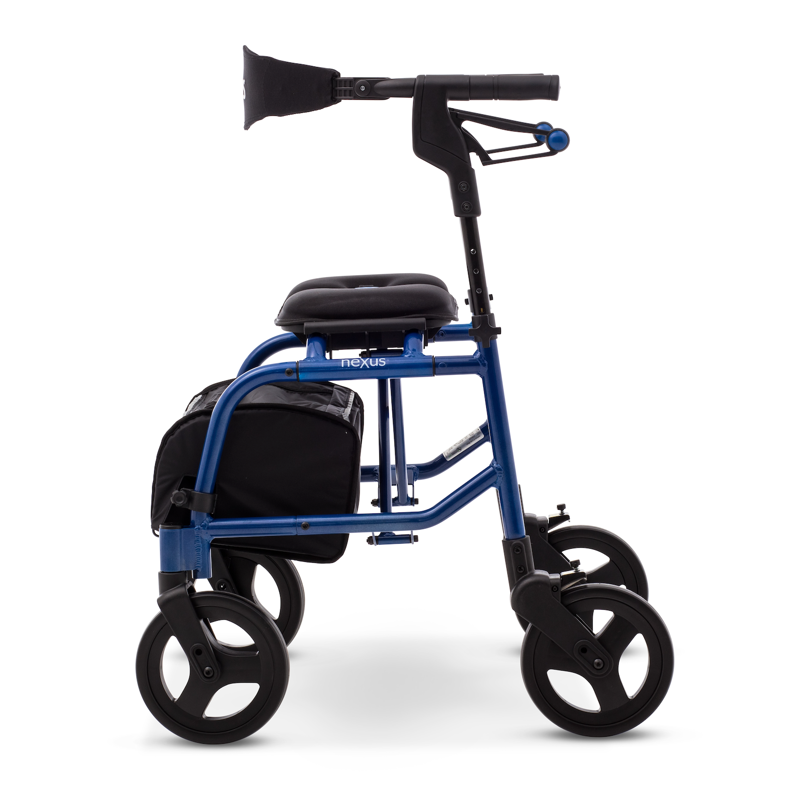 Blue rollator walker with a seat on a white background