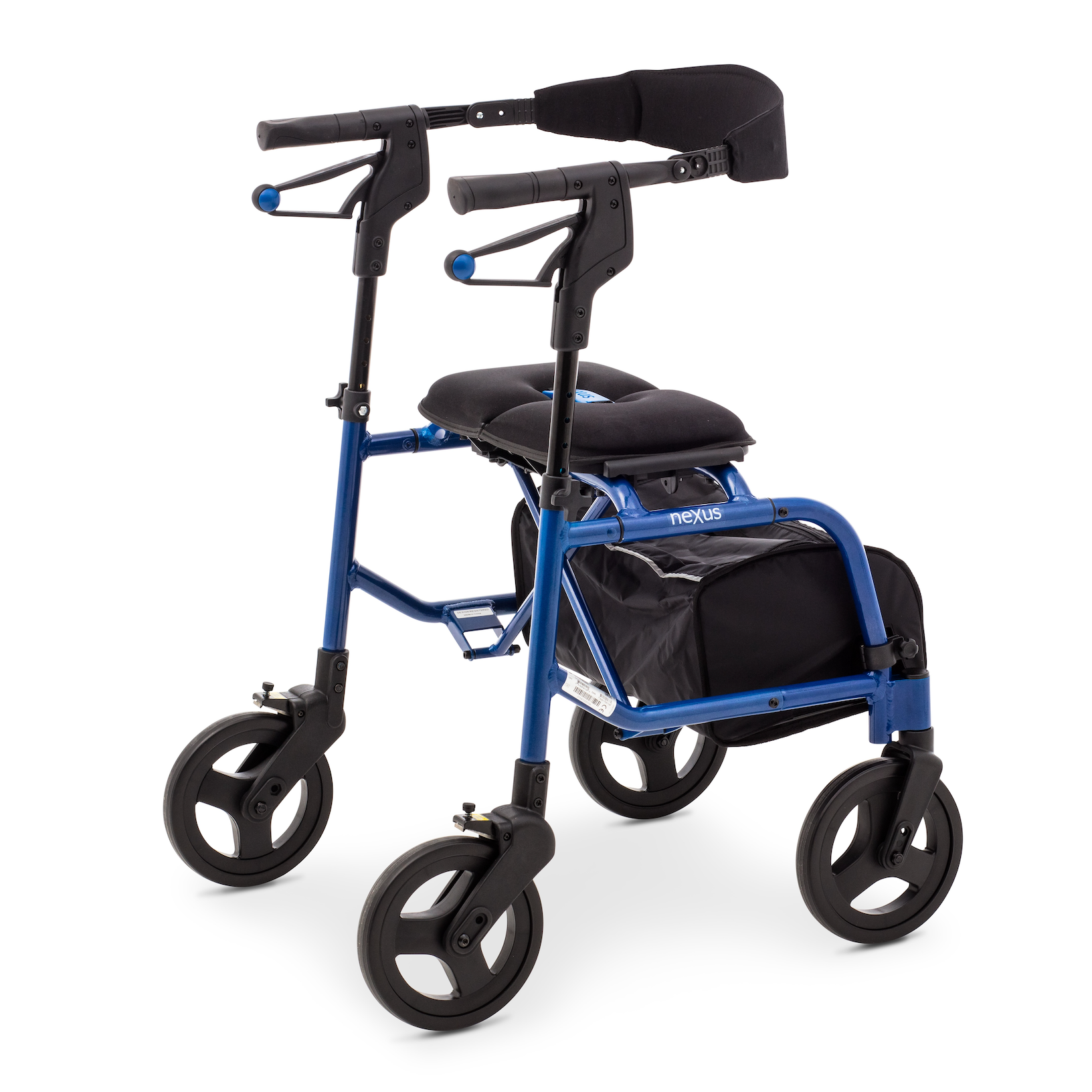 Blue walker with black seat and wheels on a white background