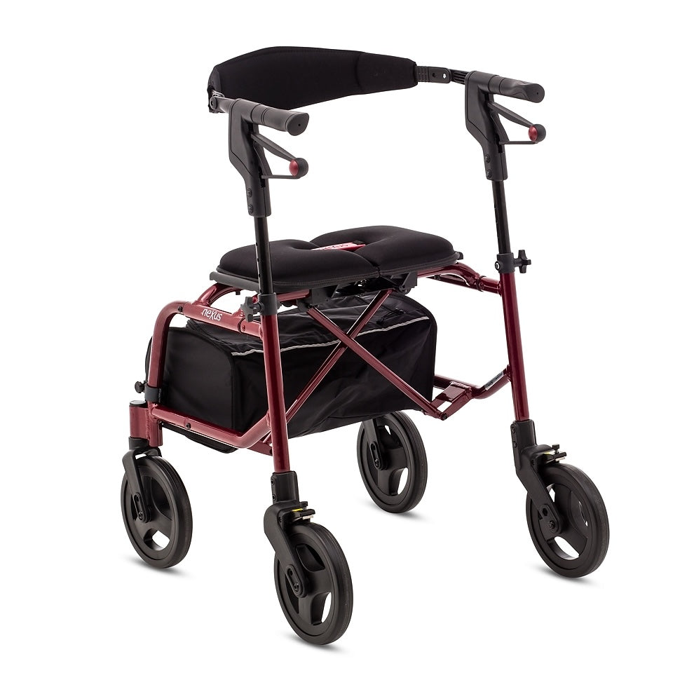 Rollator with a black seat and handlebars on a white background