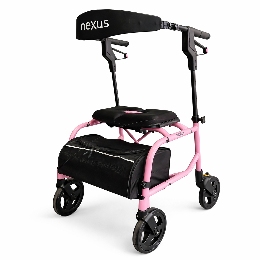 Pink rollator with black seat and Nexus branding on a white background