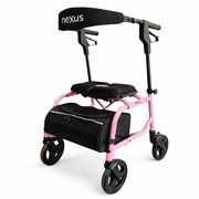 Pink rollator with black seat and Nexus branding on a white background