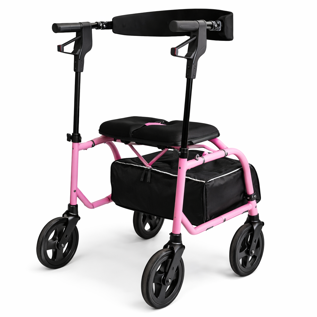 Pink Nexus rollator with black seat and wheels on a white background