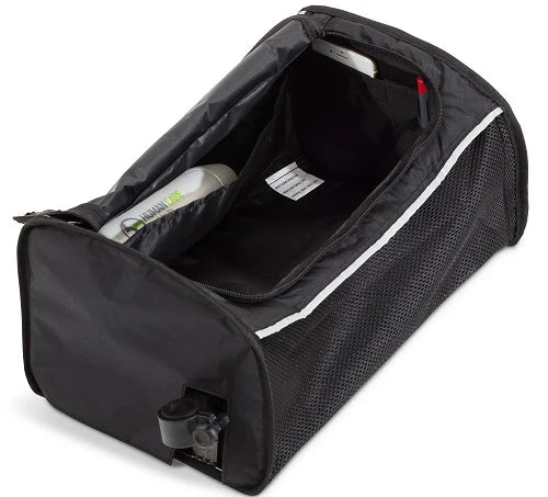 Black pet carrier with a white interior on a white background