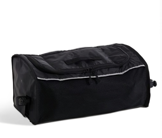 Black duffel bag with white trim on a white background