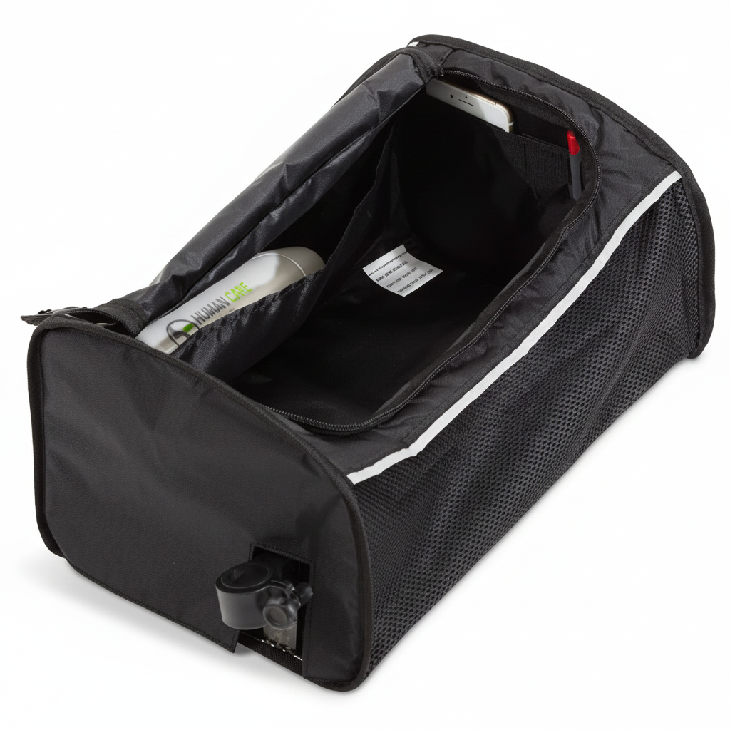 Black travel bag with a white interior, containing a bottle of shampoo.