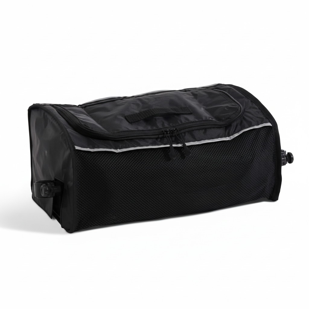 Black duffel bag with white trim on a white background