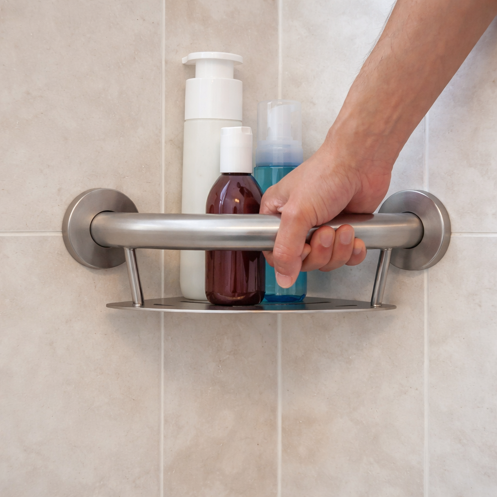 Hand holding a metal grab bar mounted on a tiled bathroom wall with toiletries below.