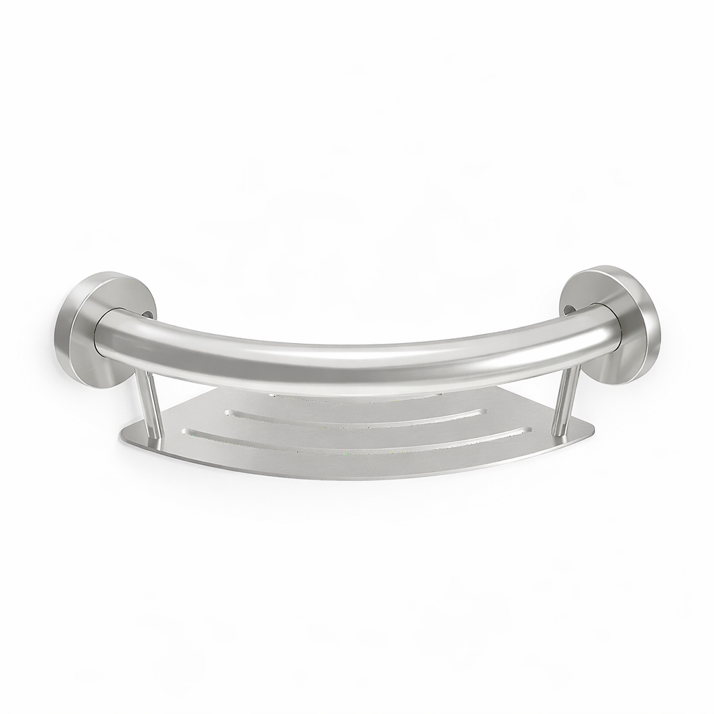 Stainless steel grab bar with shelf on a white background