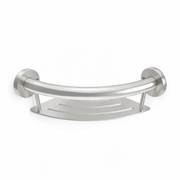 Stainless steel grab bar with shelf on a white background
