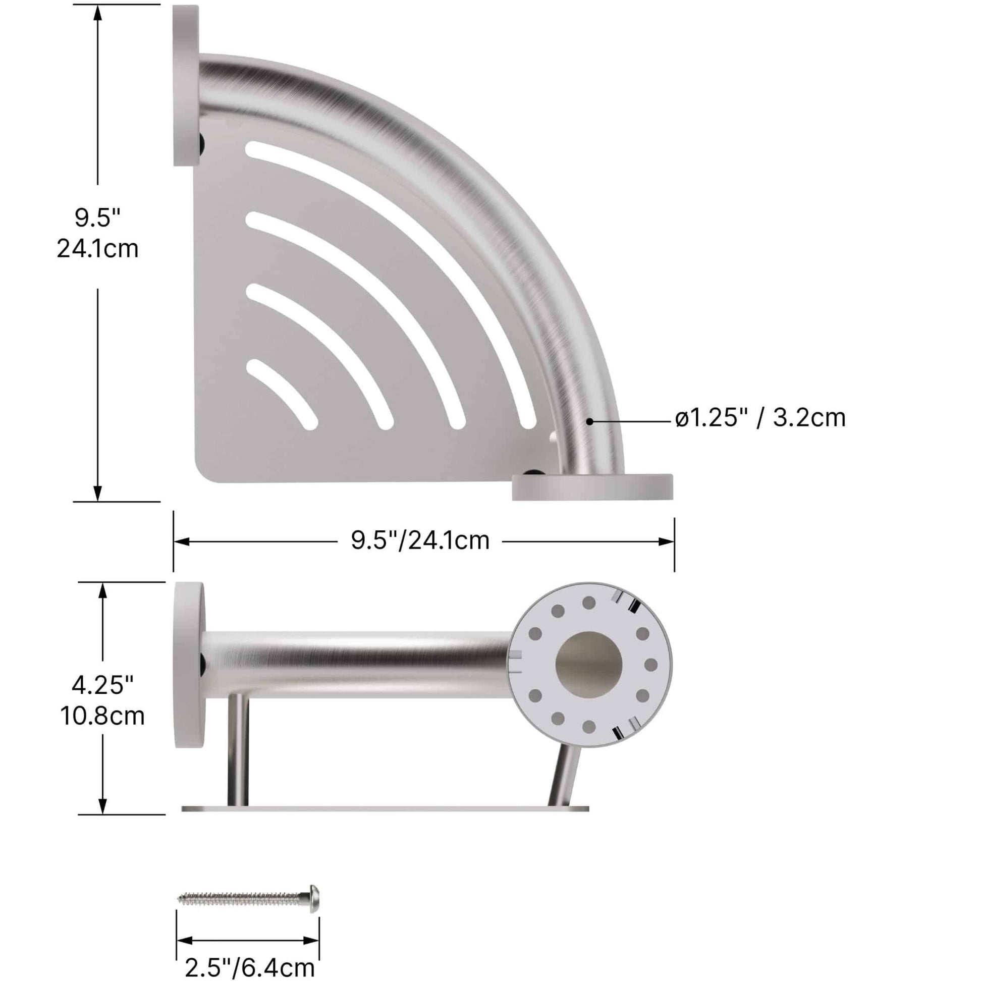 Measurement chart of a stainless steel grab bar with dimensions labeled.