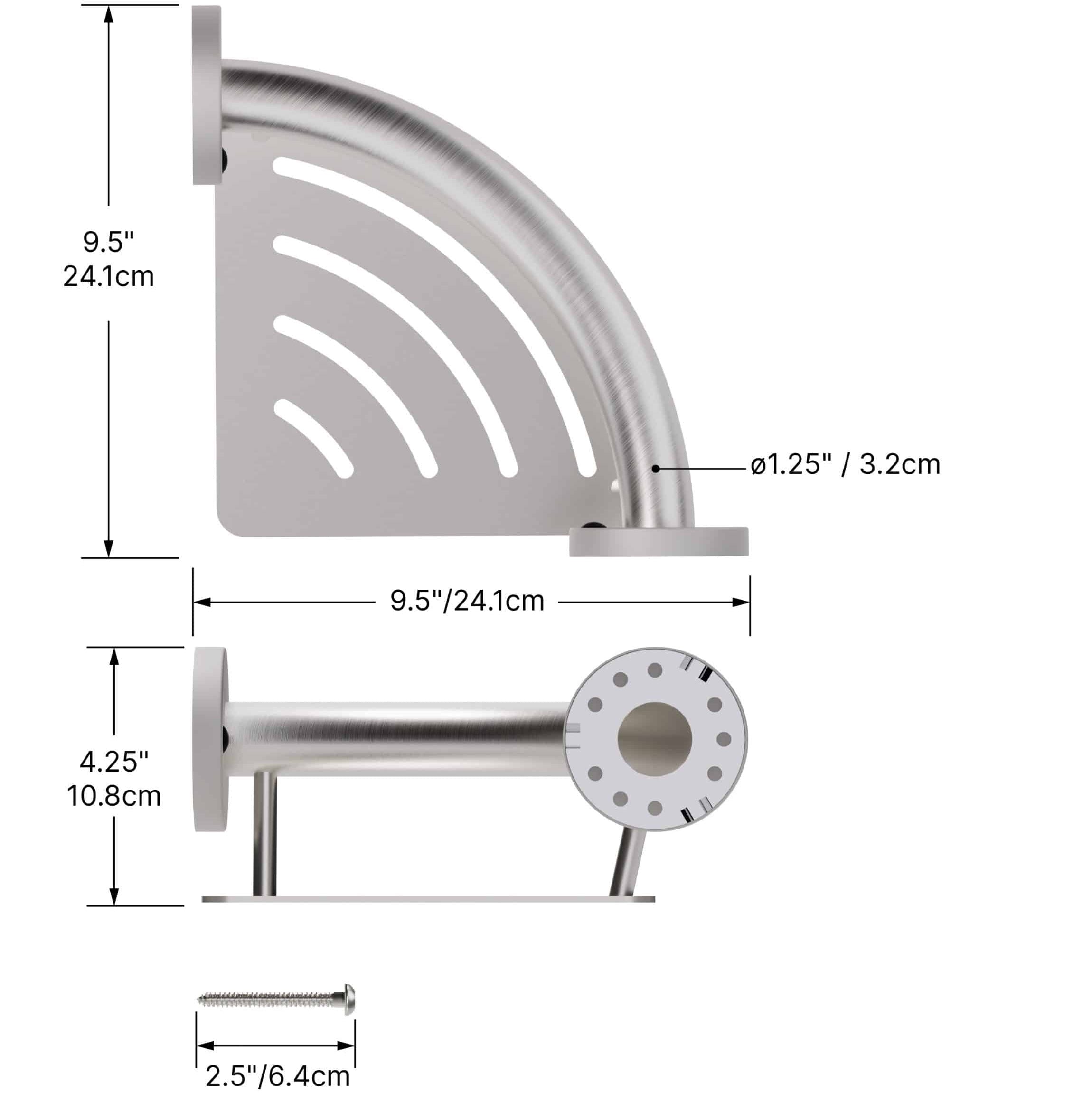 Measurement chart of a stainless steel grab bar with dimensions labeled.